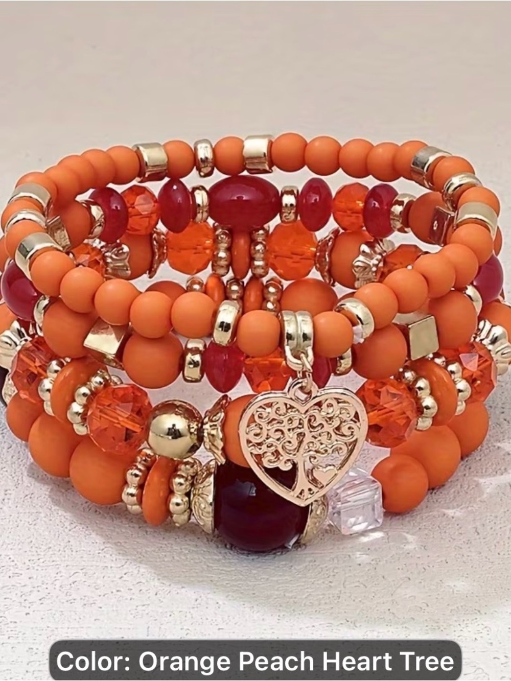 4pcs Handmade European & American Orange pink Beaded Heart Tree Bracelet Stack